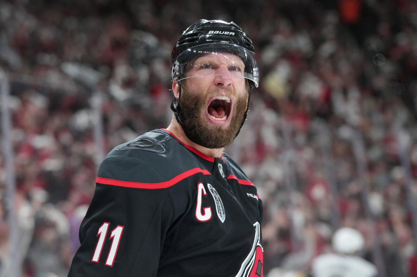 Jun 11, 2026; Raleigh, North Carolina, USA; Carolina Hurricanes center Jordan Staal (11) celebrates after scoring during the first period against the Vegas Golden Knights in game five of the 2026 Stanley Cup Final at Lenovo Center. Mandatory Credit: James Guillory-Imagn Images