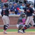 Jun 13, 2026; New York City, New York, USA; Atlanta Braves center fielder Michael Harris II (23) celebrates with on base hitter Ozzie Albies (1) after hitting a solo home run against the New York Mets during the eighth inning at Citi Field. Mandatory Credit: Brad Penner-Imagn Images
