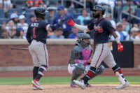 Jun 13, 2026; New York City, New York, USA; Atlanta Braves center fielder Michael Harris II (23) celebrates with on base hitter Ozzie Albies (1) after hitting a solo home run against the New York Mets during the eighth inning at Citi Field. Mandatory Credit: Brad Penner-Imagn Images