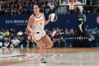 Jun 13, 2026; Uncasville, Connecticut, USA; Connecticut Sun guard Charlisse Leger-Walker (4) dribbles the ball against the Indiana Fever during the first half at Mohegan Sun Arena. Mandatory Credit: Gregory Fisher-Imagn Images