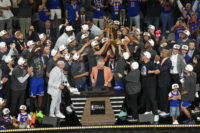Jun 13, 2026; San Antonio, Texas, USA; New York Knicks owner James Nolan and the team celebrate after the Knicks defeat the San Antonio Spurs during game five of the 2026 NBA Finals at Frost Bank Center. Mandatory Credit: Scott Wachter-Imagn Images