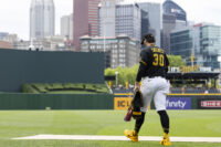 Jun 14, 2026; Pittsburgh, Pennsylvania, USA; Pittsburgh Pirates starting pitcher Paul Skenes (30) walks out to the bullpen to warmup before the game against the Miami Marlins at PNC Park. Mandatory Credit: Scott Galvin-Imagn Images