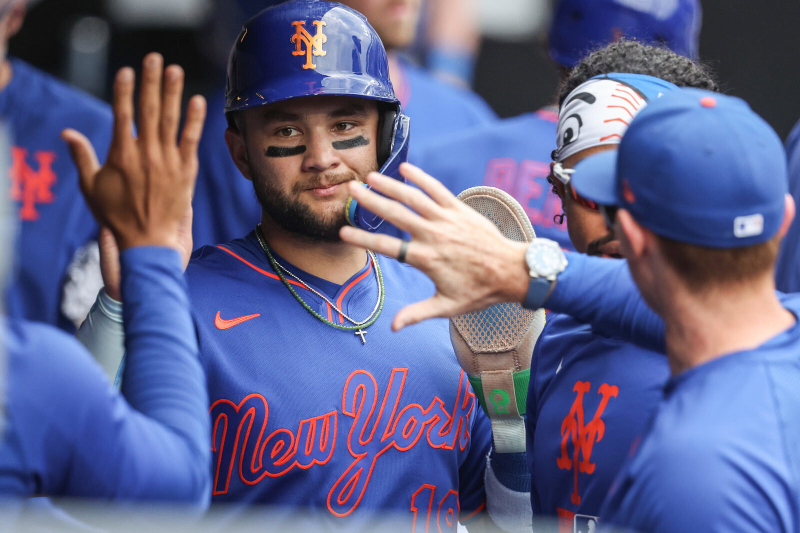 Jun 14, 2026; New York City, New York, USA; New York Mets shortstop Bo Bichette (19) is greeted in the dugout after scoring in the eighth inning against the Atlanta Braves at Citi Field. Mandatory Credit: Wendell Cruz-Imagn Images