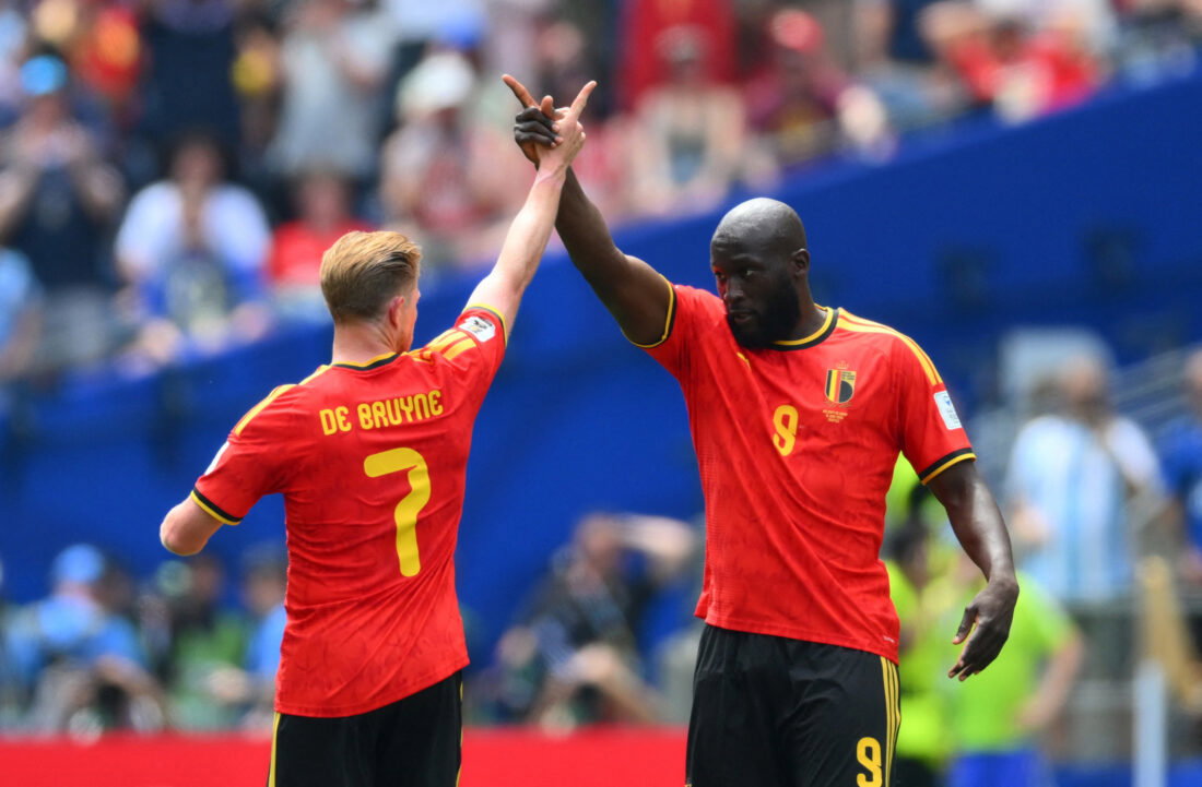 June 15, 2026; Seattle, Washington, U.S.; Belgium's Romelu Lukaku and Kevin De Bruyne celebrate their first goal an own goal scored by Egypt's Mohamed Hany. Mandatory Credit: Steven Bisig-Imagn Images