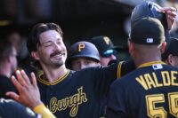 Jun 17, 2026; West Sacramento, California, USA; Pittsburgh Pirates left fielder Bryan Reynolds (10) celebrates with teammates after scoring against the Athletics during the first inning at Sutter Health Park. Mandatory Credit: Ed Szczepanski-Imagn Images