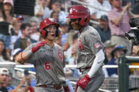 Jun 17, 2026; Omaha, NE, USA; Oklahoma Sooners right fielder Dasan Harris (17) celebrates with second baseman Kyle Branch (6) after hitting a home run against the Georgia Bulldogs during the eighth inning at Charles Schwab Field. Mandatory Credit: Steven Branscombe-Imagn Images