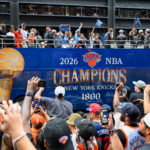 Jun 18, 2026; New York, NY, USA; A New York Knicks Champions bus passes during the New York Knicks Championship Parade through the Canyon of Heroes. Mandatory Credit: Brenden Willsch-Imagn Images