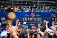 Jun 18, 2026; New York, NY, USA; A New York Knicks Champions bus passes during the New York Knicks Championship Parade through the Canyon of Heroes. Mandatory Credit: Brenden Willsch-Imagn Images