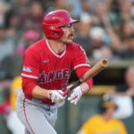 Jun 20, 2026; West Sacramento, California, USA; Los Angeles Angels left fielder Wade Meckler (53) hits a single against the Athletics during the third inning at Sutter Health Park. Mandatory Credit: Darren Yamashita-Imagn Images