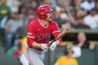 Jun 20, 2026; West Sacramento, California, USA; Los Angeles Angels left fielder Wade Meckler (53) hits a single against the Athletics during the third inning at Sutter Health Park. Mandatory Credit: Darren Yamashita-Imagn Images