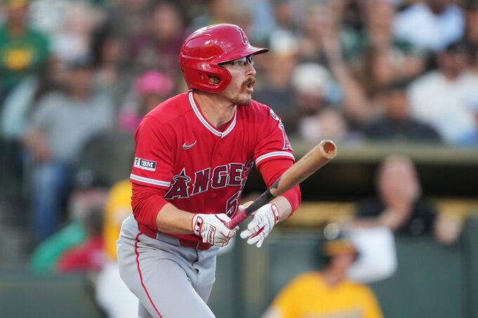 Jun 20, 2026; West Sacramento, California, USA; Los Angeles Angels left fielder Wade Meckler (53) hits a single against the Athletics during the third inning at Sutter Health Park. Mandatory Credit: Darren Yamashita-Imagn Images