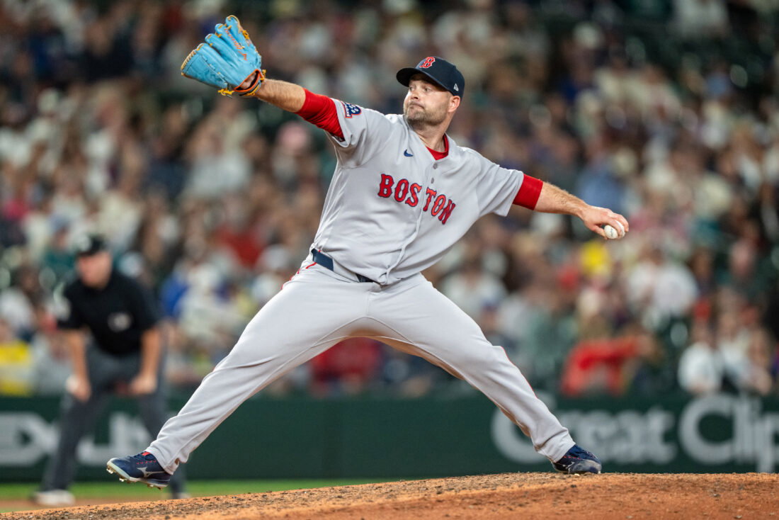 Jun 20, 2026; Seattle, Washington, USA; Boston Red Sox reliever Danny Coulombe (67) delivers a pitch during the ninth inning against the Seattle Mariners at T-Mobile Park. Mandatory Credit: Stephen Brashear-Imagn Images