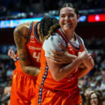 Jun 22, 2026; Uncasville, Connecticut, USA; Connecticut Sun guard Charlisse Leger-Walker (4) and center Brittney Griner (42) react after a play against the Chicago Sky in the first half at Mohegan Sun Arena. Mandatory Credit: David Butler II-Imagn Images