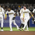 Jun 22, 2026; San Diego, California, USA; San Diego Padres players celebrate after the Padres beat the Atlanta Braves at Petco Park. Mandatory Credit: Denis Poroy-Imagn Images