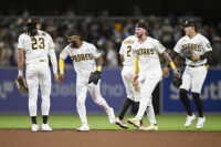 Jun 22, 2026; San Diego, California, USA; San Diego Padres players celebrate after the Padres beat the Atlanta Braves at Petco Park. Mandatory Credit: Denis Poroy-Imagn Images