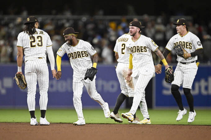 Jun 22, 2026; San Diego, California, USA; San Diego Padres players celebrate after the Padres beat the Atlanta Braves at Petco Park. Mandatory Credit: Denis Poroy-Imagn Images
