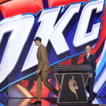 Jun 23, 2026; New York, NY, USA; NBA commissioner Adam Silver greets the twelfth pick in the 2026 NBA draft, Michigan center Aday Mara after he was selected by the Oklahoma City Thunder at Barclays Center. Mandatory Credit: Brad Penner-Imagn Images