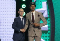 Jun 23, 2026; New York, NY, USA; NBA commissioner Adam Silver greets the twenty seventh pick in the 2026 NBA draft, Houston forward Chris Cenac Jr. after he was selected by the Boston Celtics at Barclays Center. Mandatory Credit: Brad Penner-Imagn Images