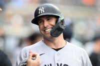 Jun 24, 2026; Detroit, Michigan, USA; New York Yankees first baseman Paul Goldschmidt (48) celebrates in the dugout after hitting a solo home run against the Detroit Tigers in the first inning at Comerica Park. Mandatory Credit: Lon Horwedel-Imagn Images