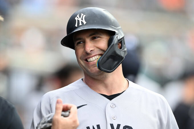 Jun 24, 2026; Detroit, Michigan, USA; New York Yankees first baseman Paul Goldschmidt (48) celebrates in the dugout after hitting a solo home run against the Detroit Tigers in the first inning at Comerica Park. Mandatory Credit: Lon Horwedel-Imagn Images