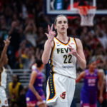 Jun 24, 2026; Indianapolis, Indiana, USA; Indiana Fever guard Caitlin Clark (22) celebrates a made shot in the first half against the Phoenix Mercury at Gainbridge Fieldhouse. Mandatory Credit: Trevor Ruszkowski-Imagn Images