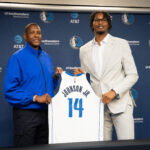 Jun 25, 2026; Dallas, TX, USA; Dallas Mavericks president Masai Ujiri with Morez Johnson Jr, the Mavericks first-round pick in the 2026 NBA draft hold his jersey during an introductory press conference at American Airlines Center. Mandatory Credit: Raymond Carlin III-Imagn Images