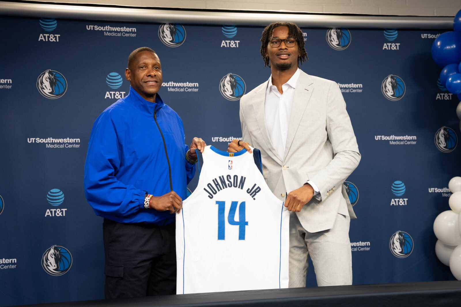 Jun 25, 2026; Dallas, TX, USA; Dallas Mavericks president Masai Ujiri with Morez Johnson Jr, the Mavericks first-round pick in the 2026 NBA draft hold his jersey during an introductory press conference at American Airlines Center. Mandatory Credit: Raymond Carlin III-Imagn Images