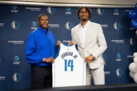 Jun 25, 2026; Dallas, TX, USA; Dallas Mavericks president Masai Ujiri with Morez Johnson Jr, the Mavericks first-round pick in the 2026 NBA draft hold his jersey during an introductory press conference at American Airlines Center. Mandatory Credit: Raymond Carlin III-Imagn Images