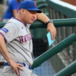 Jun 18, 2026; Philadelphia, Pennsylvania, USA; New York Mets manager Carlos Mendoza (64) in the dugout against the Philadelphia Phillies at Citizens Bank Park. Mandatory Credit: Eric Hartline-Imagn Images