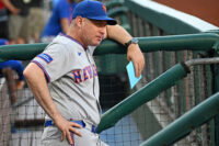 Jun 18, 2026; Philadelphia, Pennsylvania, USA; New York Mets manager Carlos Mendoza (64) in the dugout against the Philadelphia Phillies at Citizens Bank Park. Mandatory Credit: Eric Hartline-Imagn Images