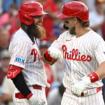 Jun 29, 2026; Philadelphia, Pennsylvania, USA; Philadelphia Phillies first baseman Bryce Harper (3) celebrates his home run with left fielder Brandon Marsh (16) against the Pittsburgh Pirates during the third inning at Citizens Bank Park. Mandatory Credit: Eric Hartline-Imagn Images