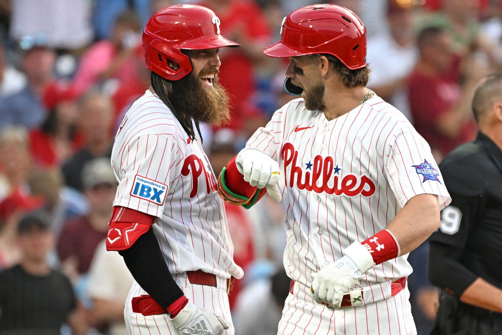 Jun 29, 2026; Philadelphia, Pennsylvania, USA; Philadelphia Phillies first baseman Bryce Harper (3) celebrates his home run with left fielder Brandon Marsh (16) against the Pittsburgh Pirates during the third inning at Citizens Bank Park. Mandatory Credit: Eric Hartline-Imagn Images