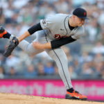 Jun 30, 2026; Bronx, New York, USA; Detroit Tigers starting pitcher Tarik Skubal (29) follows through on a pitch against the New York Yankees during the first inning at Yankee Stadium. Mandatory Credit: Brad Penner-Imagn Images