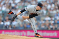 Jun 30, 2026; Bronx, New York, USA; Detroit Tigers starting pitcher Tarik Skubal (29) follows through on a pitch against the New York Yankees during the first inning at Yankee Stadium. Mandatory Credit: Brad Penner-Imagn Images