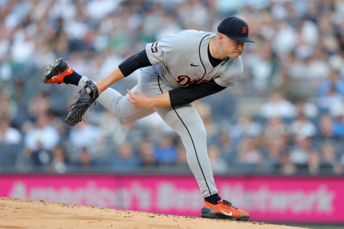 Jun 30, 2026; Bronx, New York, USA; Detroit Tigers starting pitcher Tarik Skubal (29) follows through on a pitch against the New York Yankees during the first inning at Yankee Stadium. Mandatory Credit: Brad Penner-Imagn Images