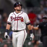 Jun 30, 2026; Atlanta, Georgia, USA; Atlanta Braves third baseman Austin Riley (27) reacts after a strikeout against the St. Louis Cardinals in the eighth inning at Truist Park. Mandatory Credit: Brett Davis-Imagn Images