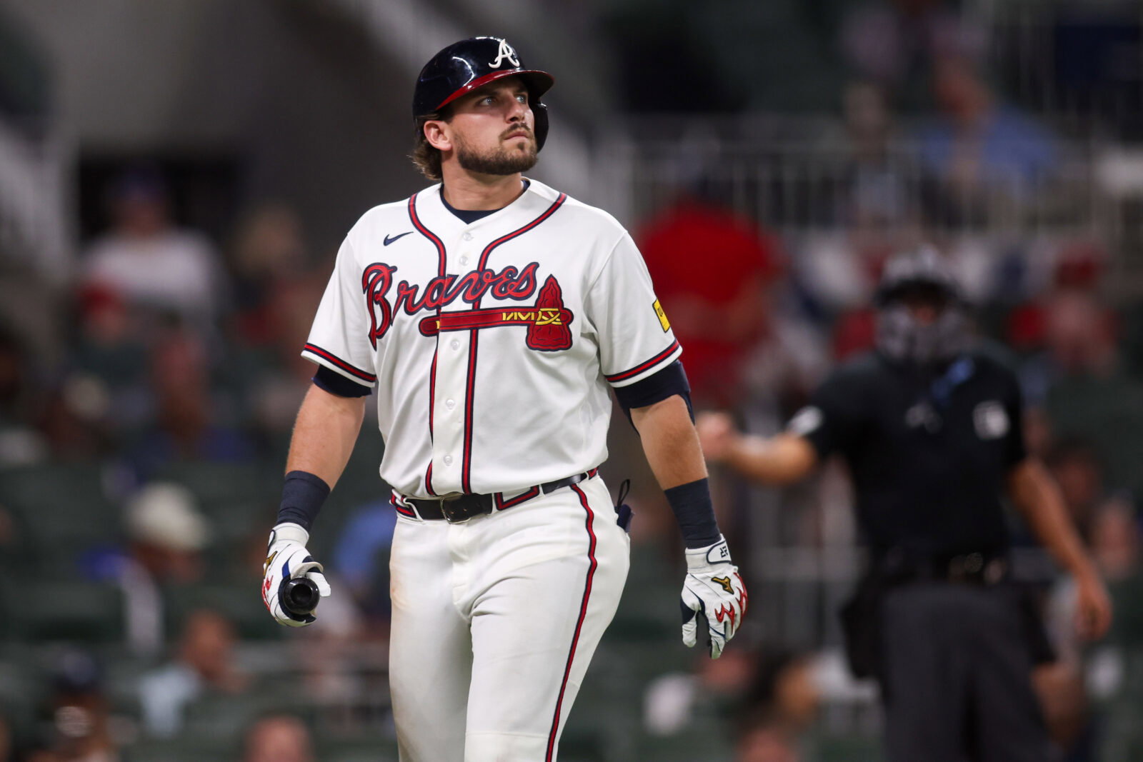 Jun 30, 2026; Atlanta, Georgia, USA; Atlanta Braves third baseman Austin Riley (27) reacts after a strikeout against the St. Louis Cardinals in the eighth inning at Truist Park. Mandatory Credit: Brett Davis-Imagn Images