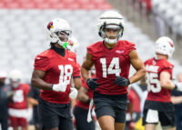 Jul 24, 2025; Glendale, AZ, USA; Arizona Cardinals wide receiver Michael Wilson (14) and Marvin Harrison Jr. (18) during training camp at State Farm Stadium. Mandatory Credit: Mark J. Rebilas-Imagn Images