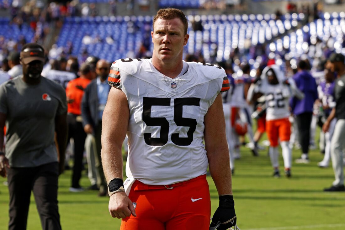 Sep 14, 2025; Baltimore, Maryland, USA; Cleveland Browns center Ethan Pocic (55) after the game against the Baltimore Ravens at M&T Bank Stadium. Mandatory Credit: Peter Casey-Imagn Images