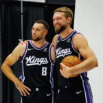 Sep 29, 2025; Sacramento, CA, USA; Sacramento Kings guard Zach LaVine (8) and forward Domantas Sabonis (11) pose for a photo during media day at Golden 1 Center. Mandatory Credit: Sergio Estrada-Imagn Images