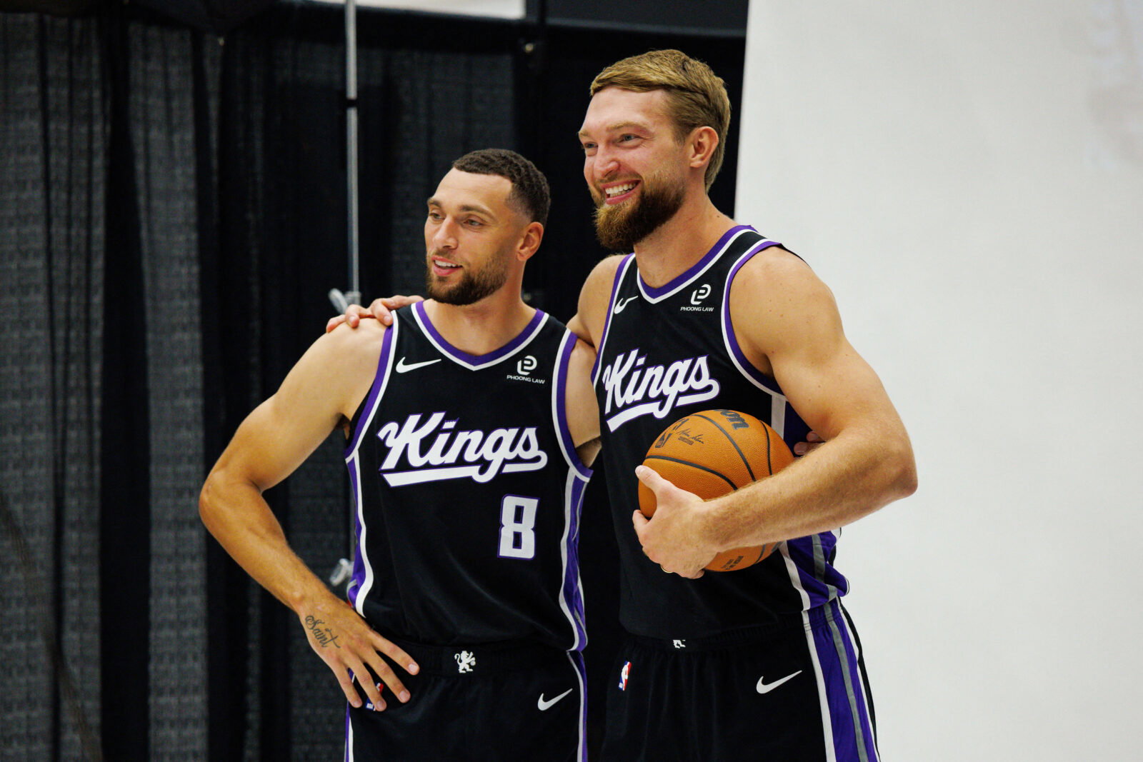 Sep 29, 2025; Sacramento, CA, USA; Sacramento Kings guard Zach LaVine (8) and forward Domantas Sabonis (11) pose for a photo during media day at Golden 1 Center. Mandatory Credit: Sergio Estrada-Imagn Images