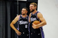 Sep 29, 2025; Sacramento, CA, USA; Sacramento Kings guard Zach LaVine (8) and forward Domantas Sabonis (11) pose for a photo during media day at Golden 1 Center. Mandatory Credit: Sergio Estrada-Imagn Images