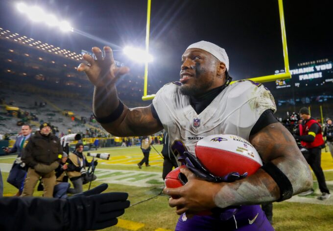 Baltimore Ravens running back Derrick Henry (22) runs off of the field after a game against the Green Bay Packers on Saturday, December 27, 2025, at Lambeau Field in Green Bay, Wis. The Ravens won the game, 41-24. Tork Mason/USA TODAY NETWORK-Wisconsin