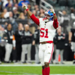 Dec 28, 2025; Paradise, Nevada, USA; New York Giants outside linebacker Abdul Carter (51) reacts in the second quarter against the Las Vegas Raiders at Allegiant Stadium. Mandatory Credit: Stephen R. Sylvanie-Imagn Images