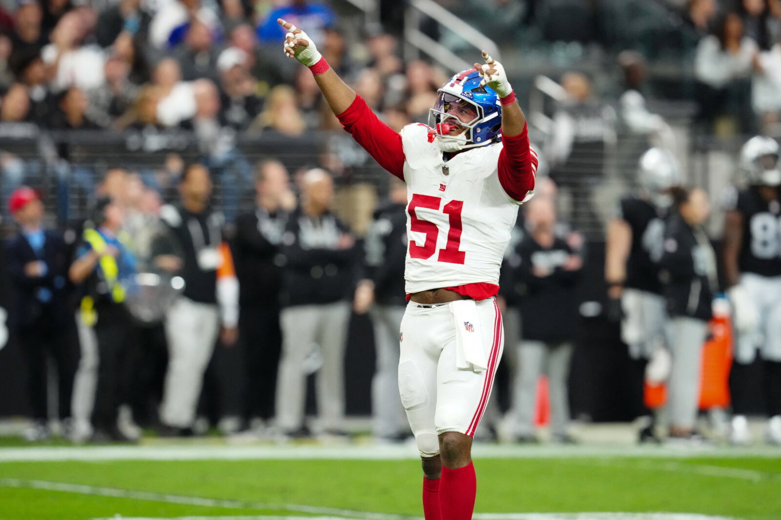 Dec 28, 2025; Paradise, Nevada, USA; New York Giants outside linebacker Abdul Carter (51) reacts in the second quarter against the Las Vegas Raiders at Allegiant Stadium. Mandatory Credit: Stephen R. Sylvanie-Imagn Images
