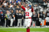 Dec 28, 2025; Paradise, Nevada, USA; New York Giants outside linebacker Abdul Carter (51) reacts in the second quarter against the Las Vegas Raiders at Allegiant Stadium. Mandatory Credit: Stephen R. Sylvanie-Imagn Images