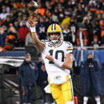 Jan 10, 2026; Chicago, IL, USA; in Green Bay Packers quarterback Jordan Love (10) passes the ball during an NFC Wild Card Round game against the Chicago Bears at Soldier Field. Mandatory Credit: Matt Marton-Imagn Images