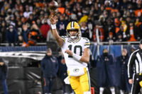 Jan 10, 2026; Chicago, IL, USA; in Green Bay Packers quarterback Jordan Love (10) passes the ball during an NFC Wild Card Round game against the Chicago Bears at Soldier Field. Mandatory Credit: Matt Marton-Imagn Images