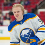 Jan 19, 2026; Raleigh, North Carolina, USA; Buffalo Sabres center Konsta Helenius (94) skates the rookie lap before his first NHL game during the warmups before the game against the Carolina Hurricanes at Lenovo Center. Mandatory Credit: James Guillory-Imagn Images