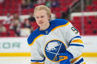 Jan 19, 2026; Raleigh, North Carolina, USA; Buffalo Sabres center Konsta Helenius (94) skates the rookie lap before his first NHL game during the warmups before the game against the Carolina Hurricanes at Lenovo Center. Mandatory Credit: James Guillory-Imagn Images